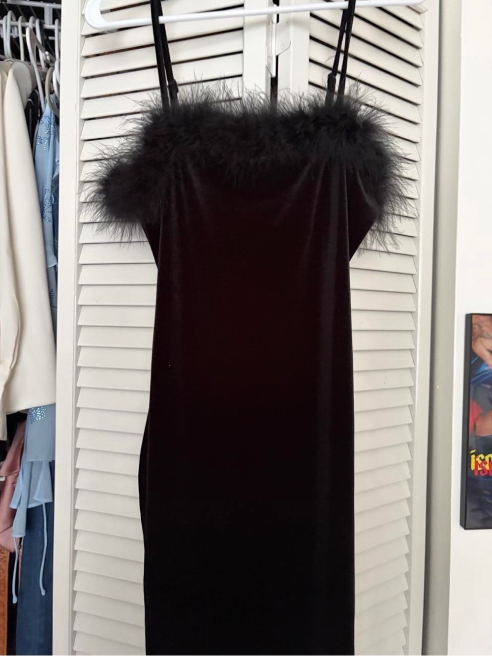 Fashion Nova Black Velvet Feather-Trim Midi Slip Dress - Picture 2 of 5